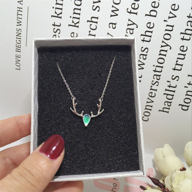 Yilu You Ni Colorful Elk S925 Pure Silver Necklace Forest Series Dazzling Moonlight Stone Antler Collarbone Chain Christmas Gift
