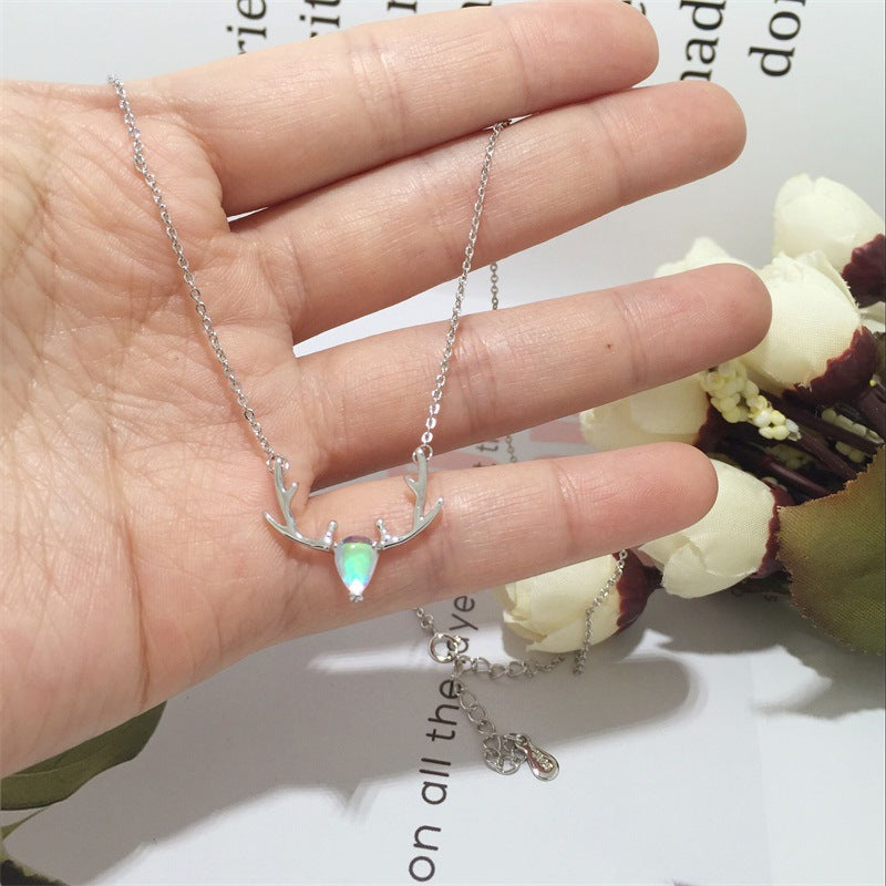 Yilu You Ni Colorful Elk S925 Pure Silver Necklace Forest Series Dazzling Moonlight Stone Antler Collarbone Chain Christmas Gift