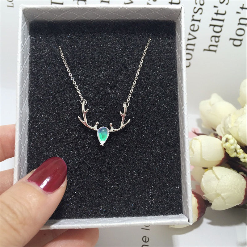 Yilu You Ni Colorful Elk S925 Pure Silver Necklace Forest Series Dazzling Moonlight Stone Antler Collarbone Chain Christmas Gift