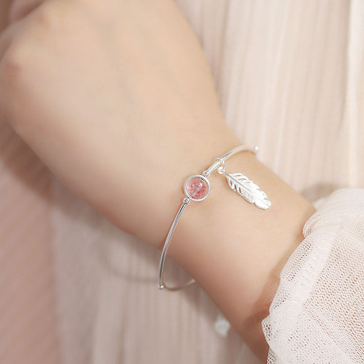 s925 Sterling Silver Bracelet - Elegant Fresh Feather Strawberry Quartz Bracelet - Women's Korean Fashion Jewelry - Pure Silver Accessory