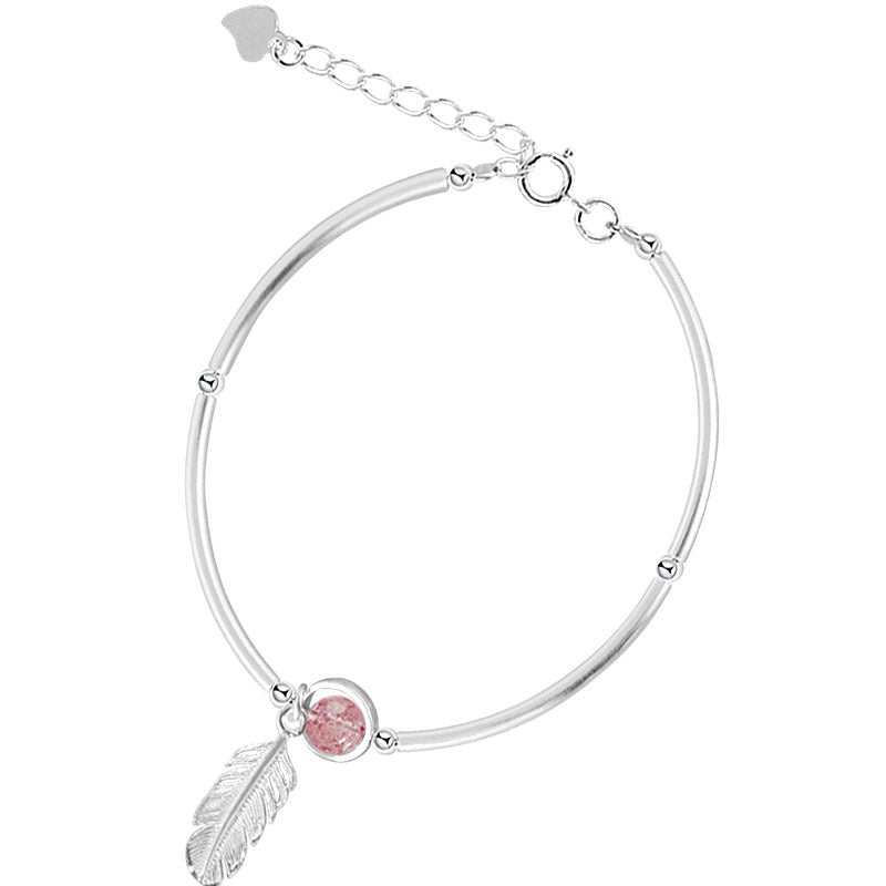 s925 Sterling Silver Bracelet - Elegant Fresh Feather Strawberry Quartz Bracelet - Women's Korean Fashion Jewelry - Pure Silver Accessory