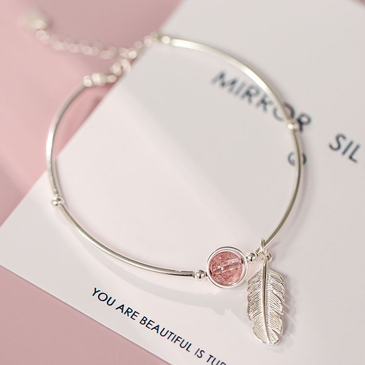 s925 Sterling Silver Bracelet - Elegant Fresh Feather Strawberry Quartz Bracelet - Women's Korean Fashion Jewelry - Pure Silver Accessory