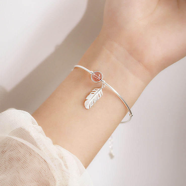 s925 Sterling Silver Bracelet - Elegant Fresh Feather Strawberry Quartz Bracelet - Women's Korean Fashion Jewelry - Pure Silver Accessory