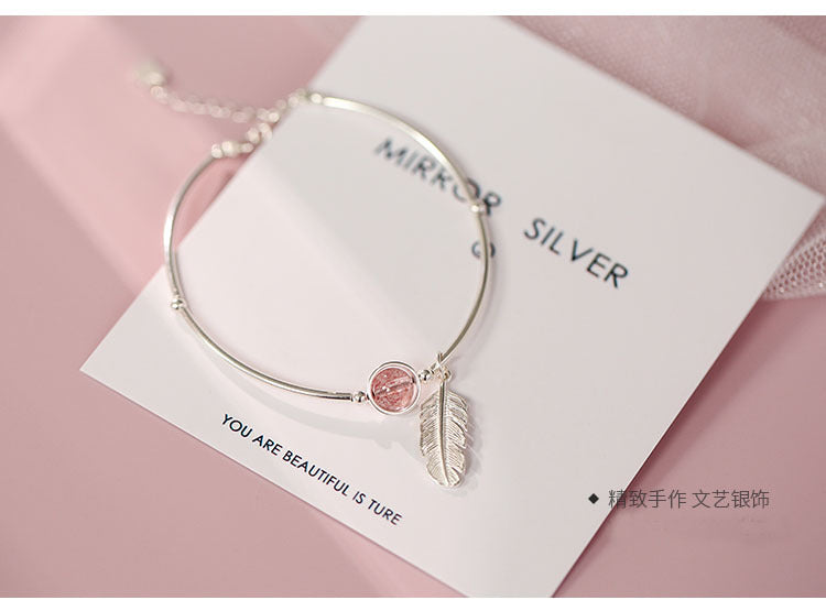 s925 Sterling Silver Bracelet - Elegant Fresh Feather Strawberry Quartz Bracelet - Women's Korean Fashion Jewelry - Pure Silver Accessory