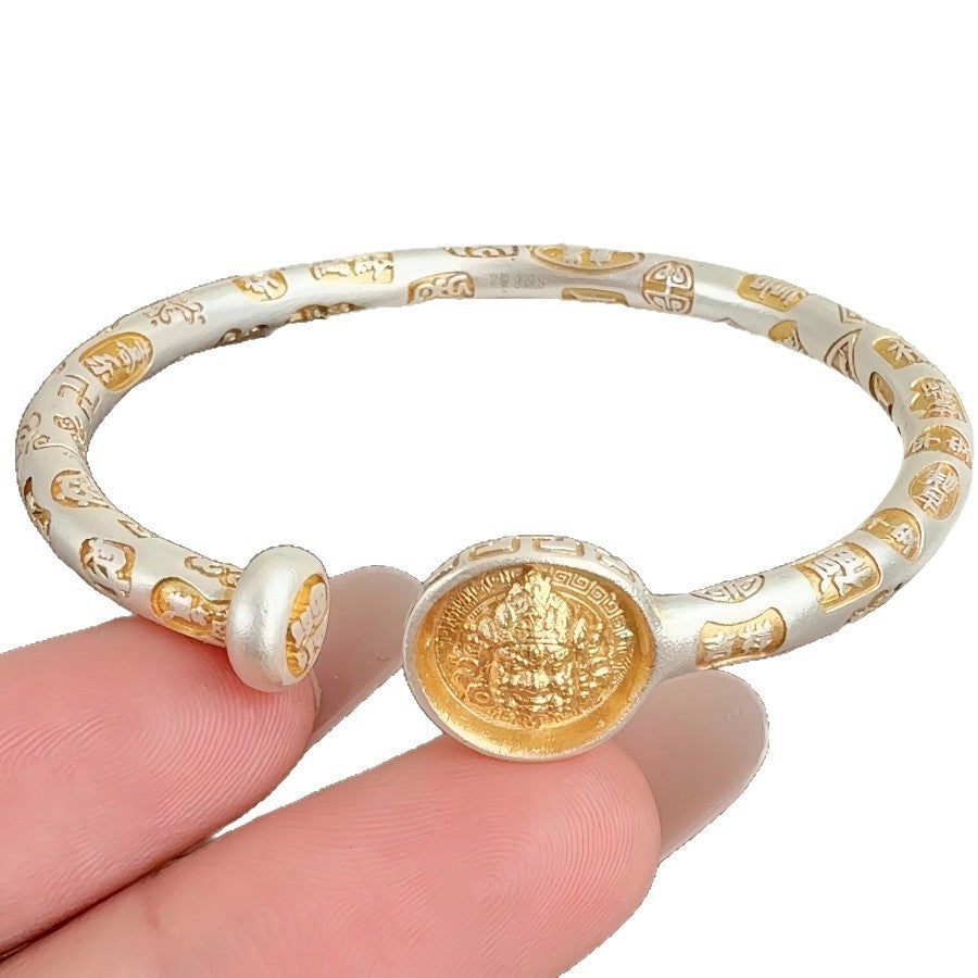 Pure silver 9999 gold yellow auspicious words new Chinese style open sterling silver bracelet for women