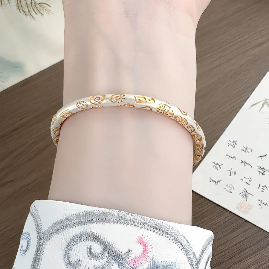 Pure silver 9999 gold yellow auspicious words new Chinese style open sterling silver bracelet for women