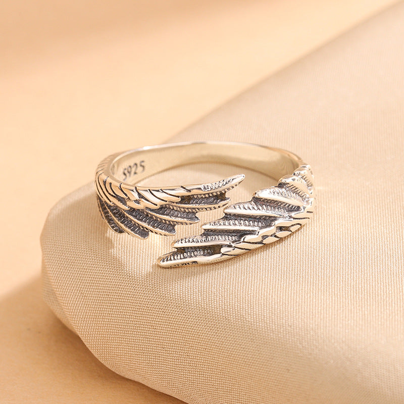 S925 Silver Korean Retro Angel Wing Ring, Simple and Niche Design, Versatile Wing Feather Index Finger Ring