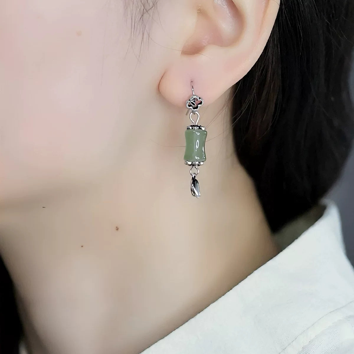 925 silver retro new Chinese bamboo joints high rise asymmetrical earrings and Tian Qingyu female niche design high-end sense