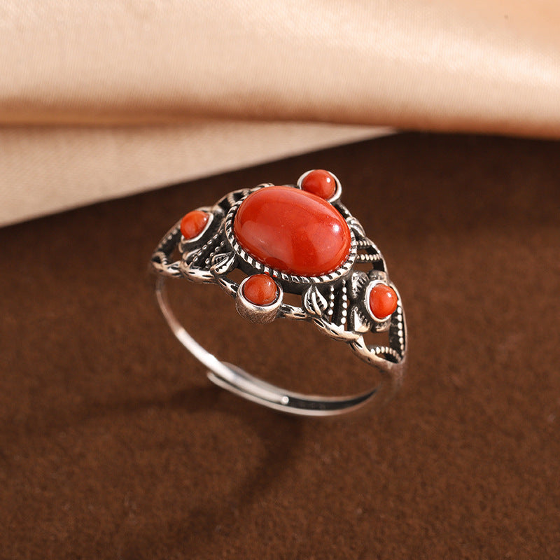 S925 Silver Turquoise & Red Agate Ring – Vintage Ethnic Open Design
