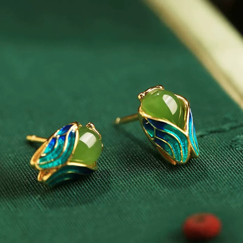 925 silver vintage new Chinese style ear cicada motif, Hetian jasper gold cicada earrings, enamel colorful ear accessories, niche design