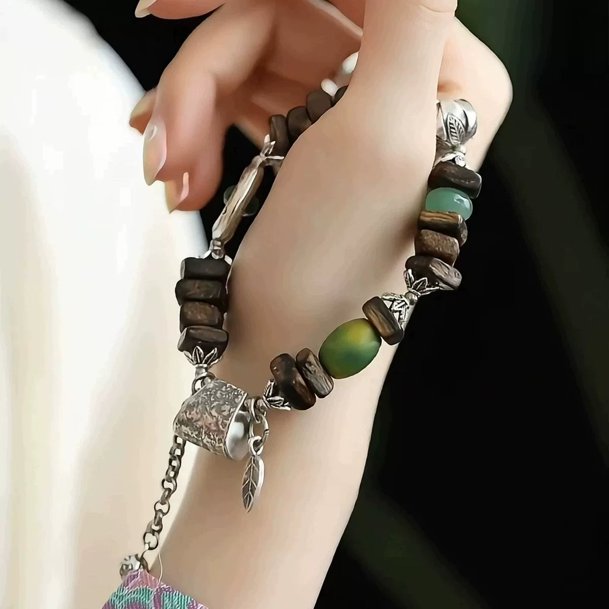 925 silver retro new Chinese agarwood silver axe bracelet elastic bracelet old ethnic style green agate niche design