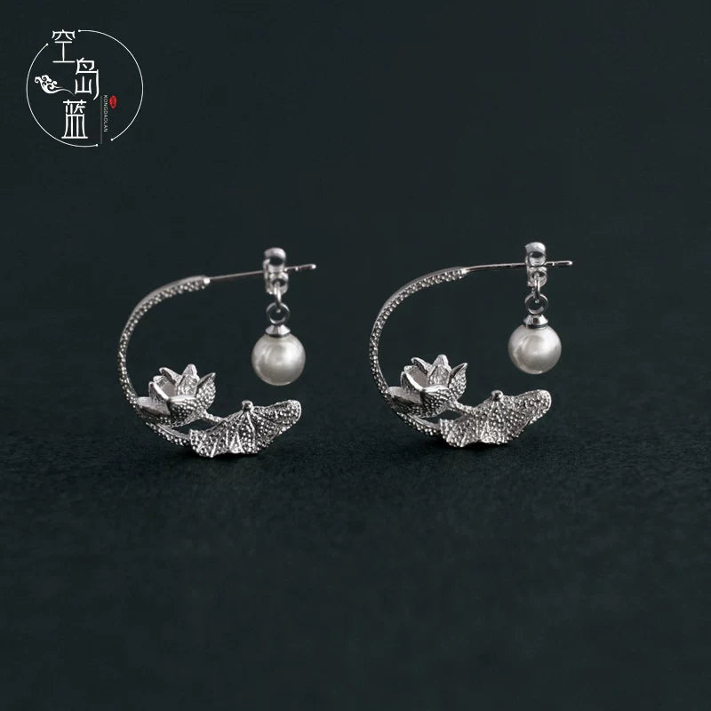 925 Silver Sky Island Blue Lotus Pearl Earrings – Artistic Chinese Elegance