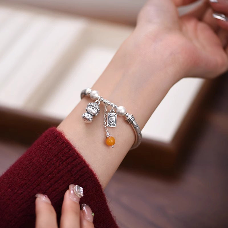 Niche Design S925 Pure Silver Peace Buddha Hand Bracelet Women's New Chinese Vintage Jewelry Elastic Bent Tube Bracelet