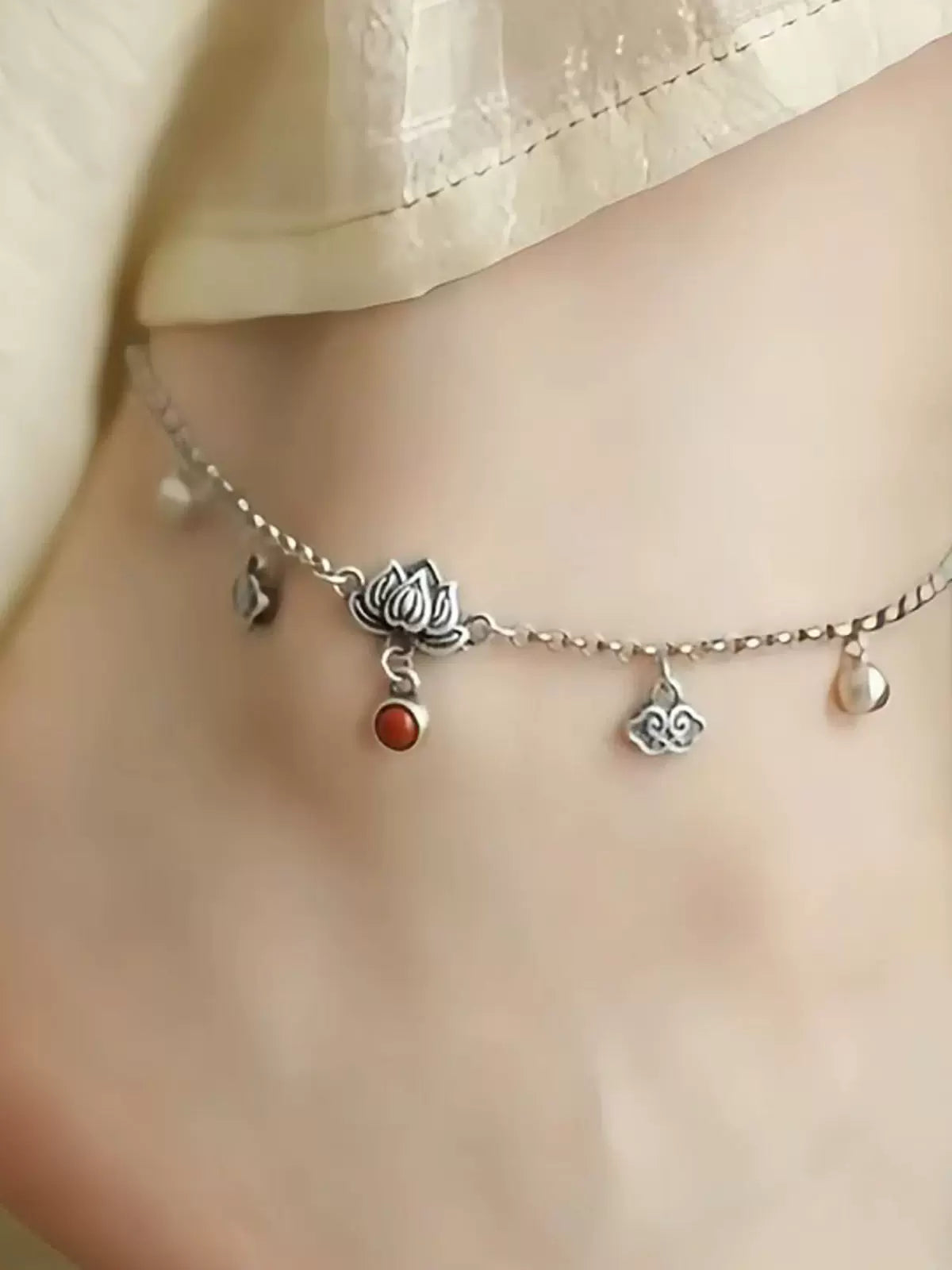 Vintage 925 Silver Step Lotus Anklet for Women, New Chinese Style Niche Design Lotus Bell Versatile Anklet