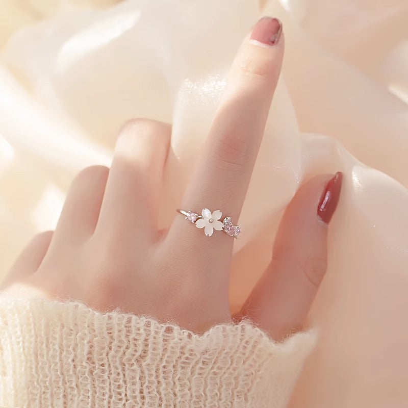 925 sterling silver shell cherry blossom ring Mori small fresh micro-set zircon opening adjustable ring sweet tail ring