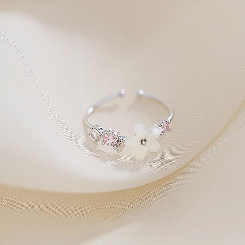 925 sterling silver shell cherry blossom ring Mori small fresh micro-set zircon opening adjustable ring sweet tail ring