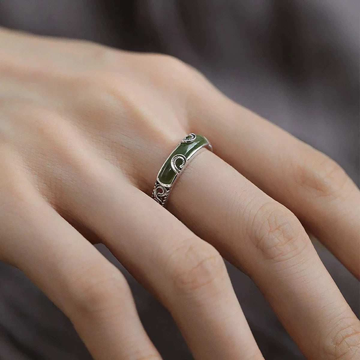 925 silver retro new Chinese style arabesque pattern hollow half-curved ring ring opening adjusts the women's ethnic style