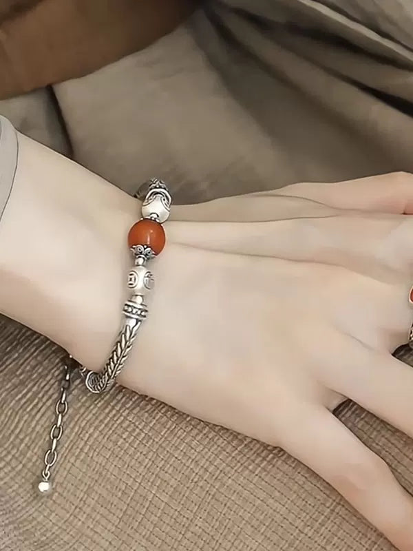 Vintage 925 Silver South Red Wheat Ear Bracelet, New Chinese Niche Curved Tube Copper Coin 'Fu' Beads, Sutra Text High-End Bracelet