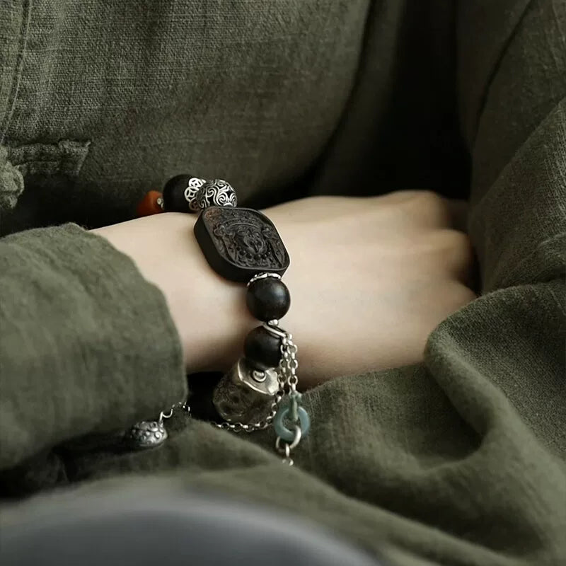 925 silver retro new Chinese mountain ghost brand ebony agarwood zakiram bungee rope bracelet high-end