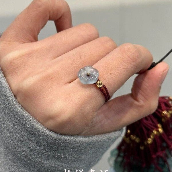 New Chinese style rich flower imitation jade flower ring female exquisite natal year red rope weaving index finger ring simple and versatile national style