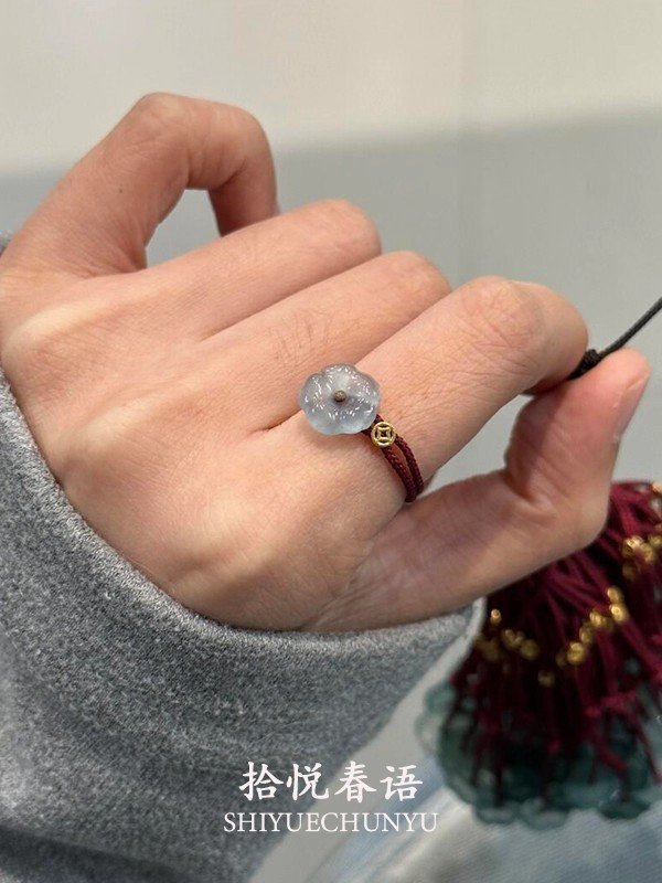 New Chinese style rich flower imitation jade flower ring female exquisite natal year red rope weaving index finger ring simple and versatile national style