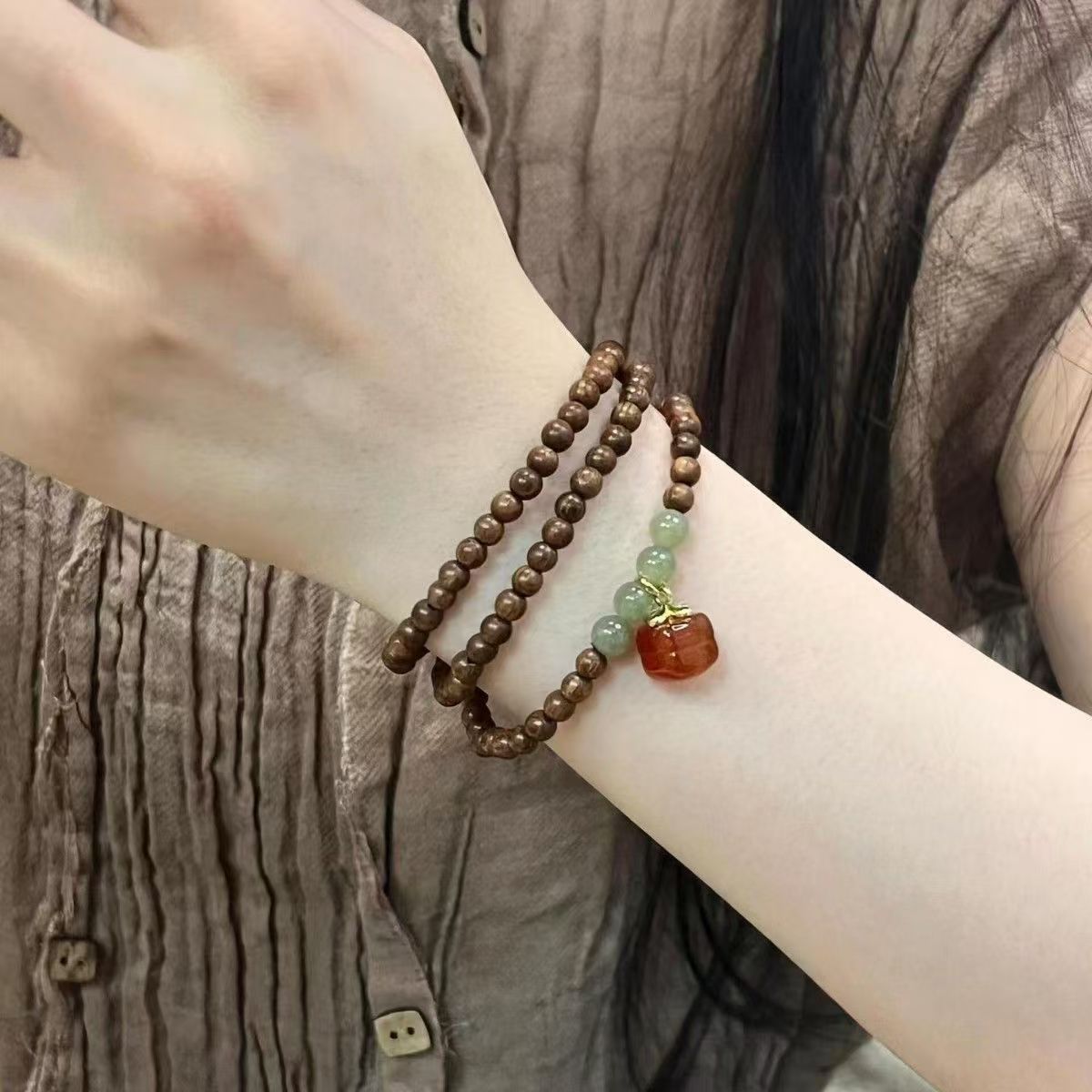 [Persimmon Ruyi] Golden Thread Sandalwood Hetian Jade Three-Ring Bracelet Artistic Vintage Crimson Agate Persimmon New Chinese Style