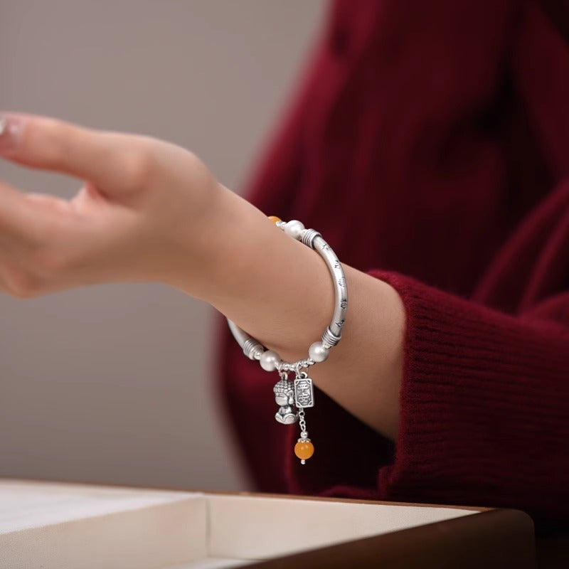Niche Design S925 Pure Silver Peace Buddha Hand Bracelet Women's New Chinese Vintage Jewelry Elastic Bent Tube Bracelet