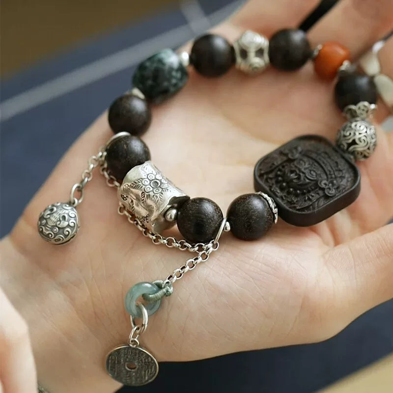 925 silver retro new Chinese mountain ghost brand ebony agarwood zakiram bungee rope bracelet high-end
