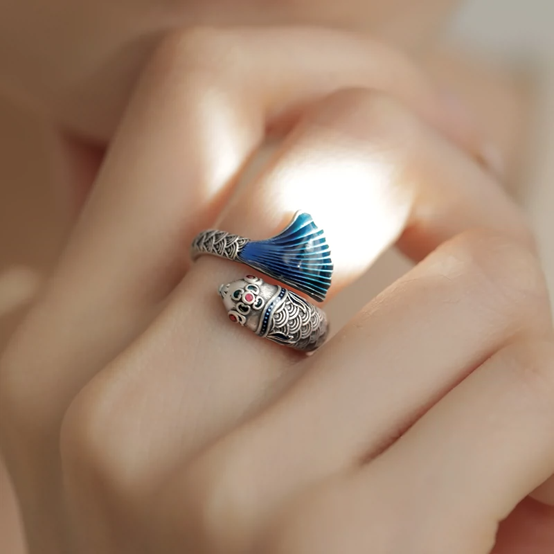 925 Silver Vintage New Chinese Big Fish & Begonia Good Luck Koi Ring Opening Adjusts Ethnic Style for a High-End Look