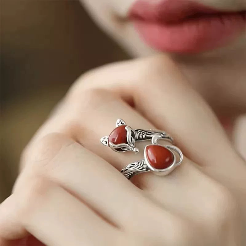 925 Silver Vintage New Chinese Style Southern Red Fox Ring Opening Adjustable Distressed Versatile Ethnic Style for Women's Minimalist