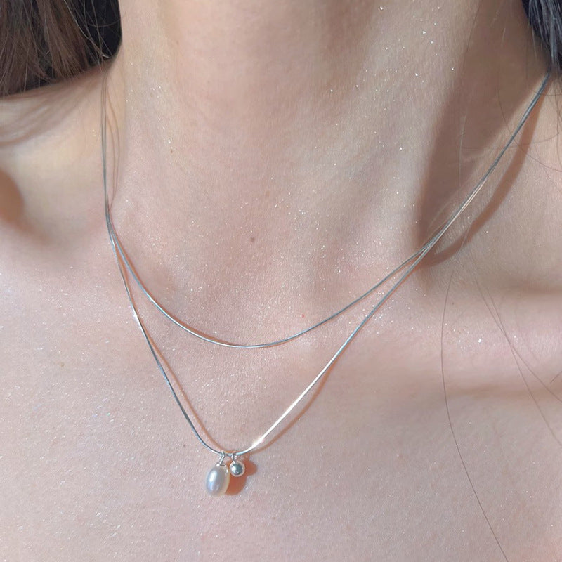 S925 sterling silver simple double stacked pearl necklace women's ins cold style fashion personality clavicle chain sense of luxury