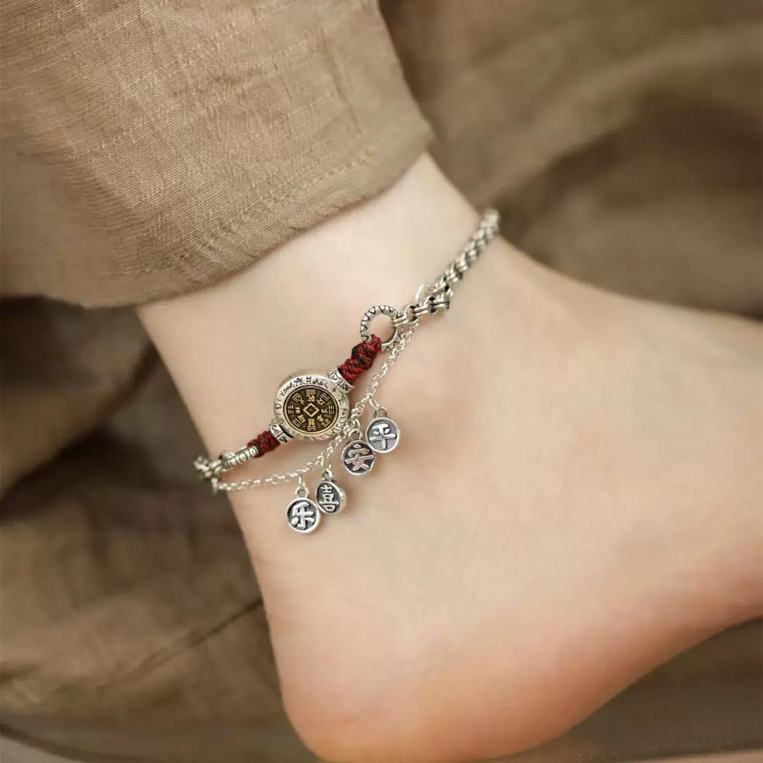 925 silver retro new Chinese mountain ghost brand peace joy anklet, ethnic style niche design, women's versatile sense of luxury