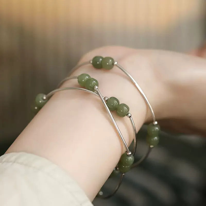 925 Silver Vintage New Chinese Style Hetian Jade Bent Tube Multi-Ring Elastic Bracelet Niche Ethnic Style High-End Look