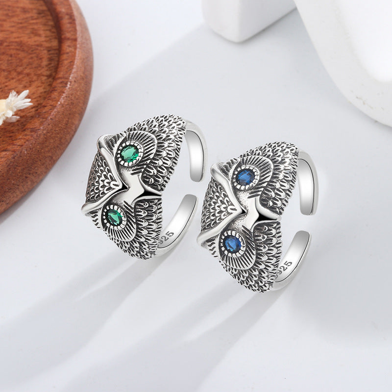 S925 Sterling Silver Owl Open Ring – Vintage Elegant Adjustable Ring for Women