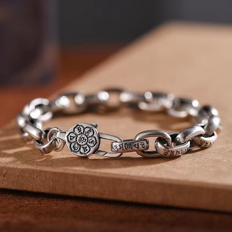 S925 sterling silver six-character mantra ethnic style bracelet men's trendy retro diamond demon pestle bracelet niche high-end sense