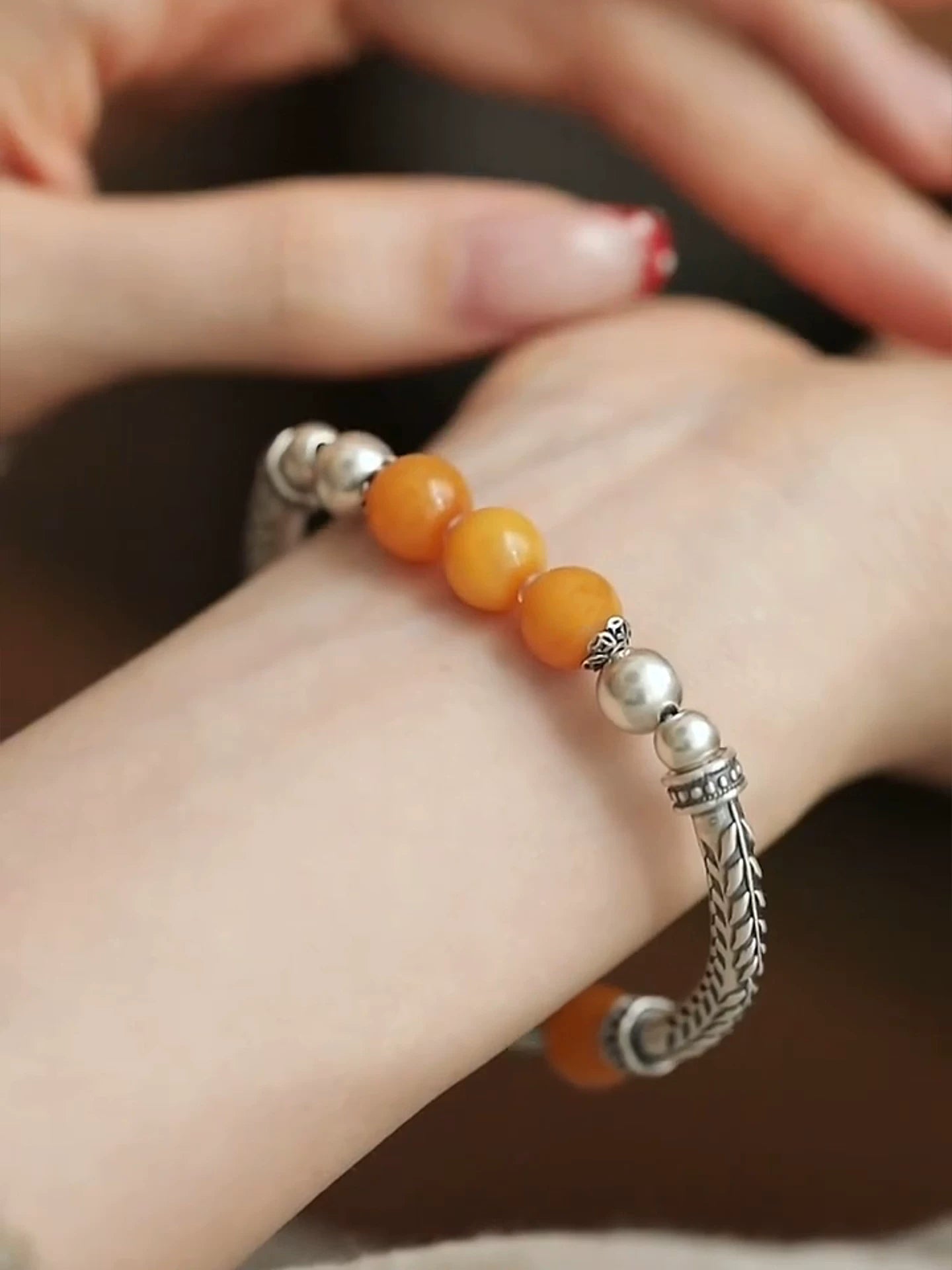 925 Silver Vintage New Chinese Style Amber Bead Wheat Ear Bent Tube Bracelet Women's Ethnic Style Niche Design Versatile Bracelet