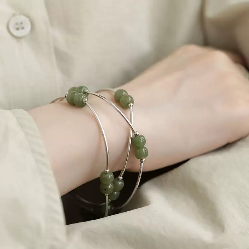 925 Silver Vintage New Chinese Style Hetian Jade Bent Tube Multi-Ring Elastic Bracelet Niche Ethnic Style High-End Look