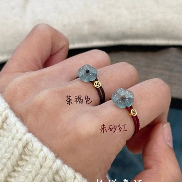 New Chinese style rich flower imitation jade flower ring female exquisite natal year red rope weaving index finger ring simple and versatile national style
