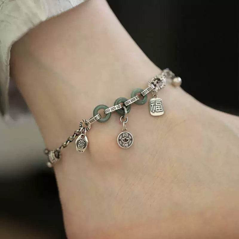 925 silver jade safety buckle joy luck brand anklet women's simple old versatile niche design high-end sense