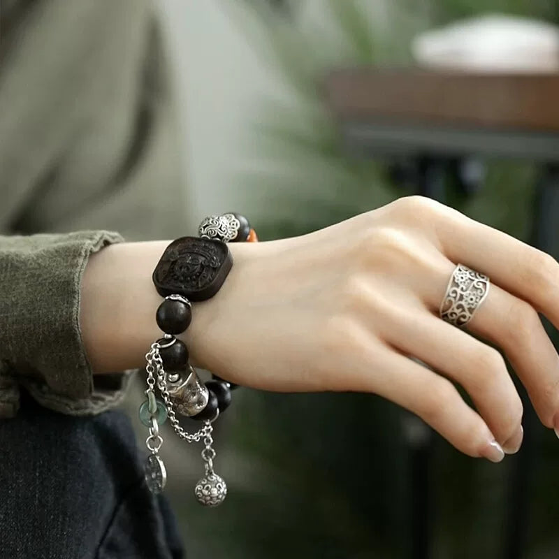 925 silver retro new Chinese mountain ghost brand ebony agarwood zakiram bungee rope bracelet high-end