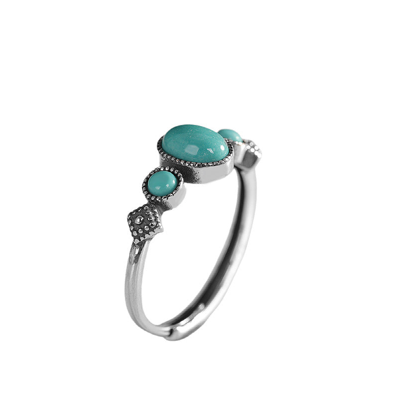 Repin Silver S925 Pure Silver Inlaid Cabochon Turquoise Ring Unique Women's Versatile Open Ring