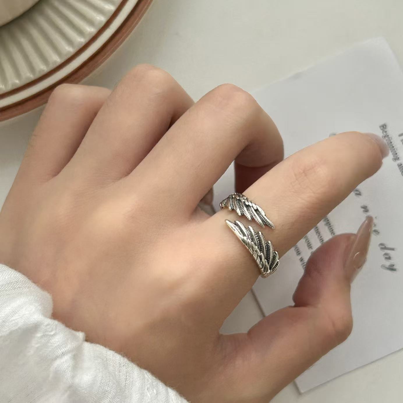 S925 Silver Korean Retro Angel Wing Ring, Simple and Niche Design, Versatile Wing Feather Index Finger Ring