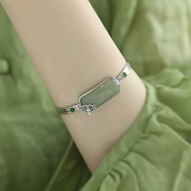 925 Pure Silver Hetian Jade Jade Wushi Brand Bracelet for Women, National Style, New Chinese Style, Exquisite Niche Design, Solid Bracelet
