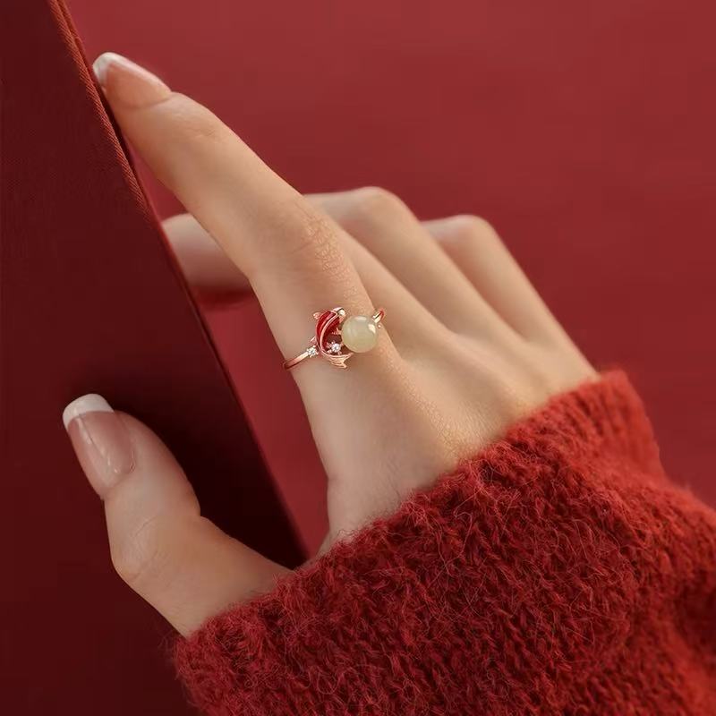 925 silver-plated jade see koi ring, New Year's natal year, plain circle, index finger ring, female New Year's opening ring