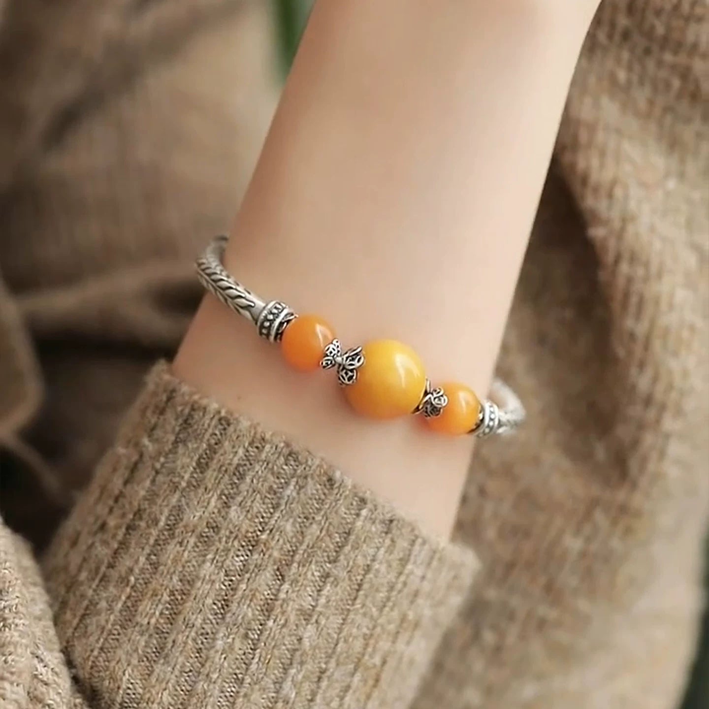 925 Silver Amber Bead Bracelet for Women – Vintage Chinese Wheat Ear Design