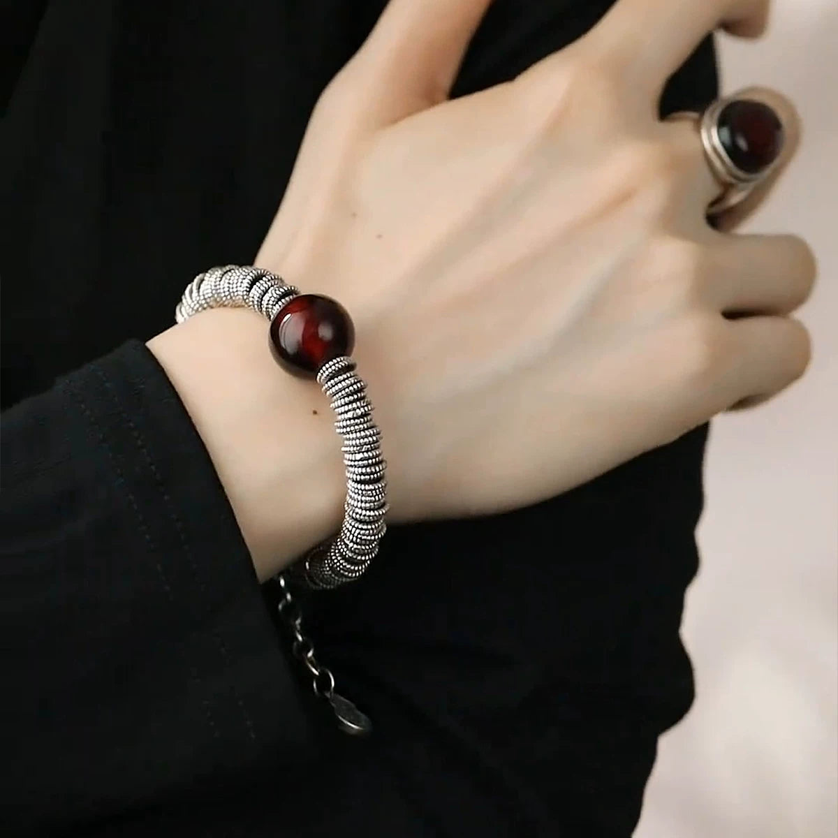 925 silver blood amber hoop bracelet women's ethnic style retro distressed six-character mantra niche design high-end sense bracelet