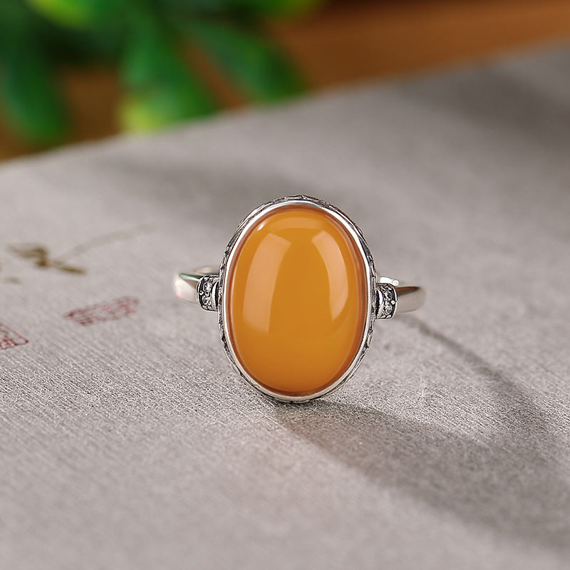 Yilu silver S925 sterling silver beeswax pattern cabochon ring retro distressed ethnic style accessories personality niche ring