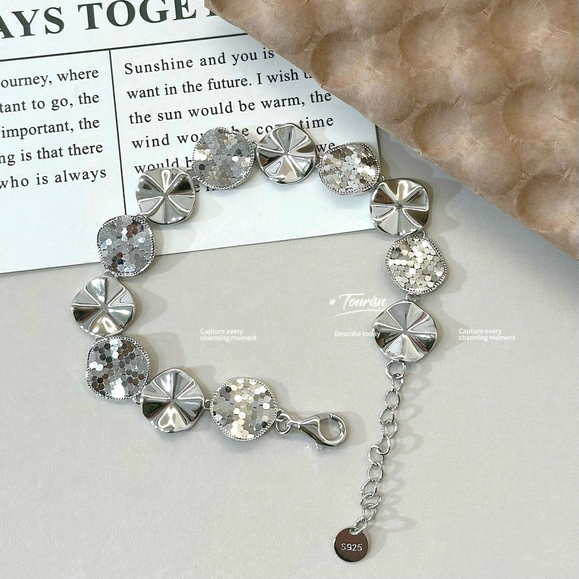 S925 Pure Silver Crushed Ice Lotus Leaf Original Patchwork Bracelet Light Luxury Geometric Vintage Style Sparkling Ice Scales
