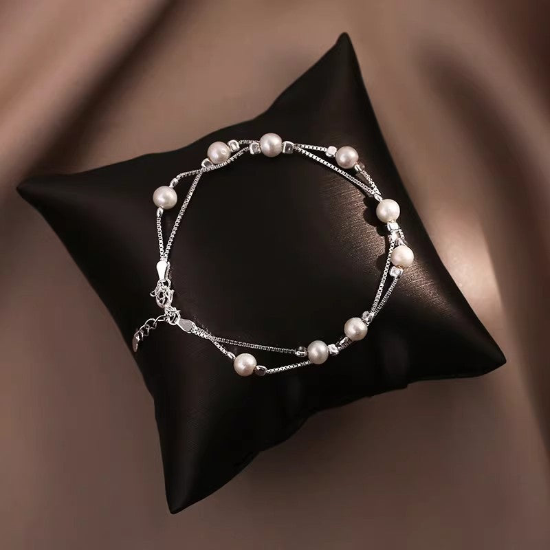 925 pure silver natural pearl double-layer bracelet for women, Korean versatile INS premium stackable bracelet round bead bracelet