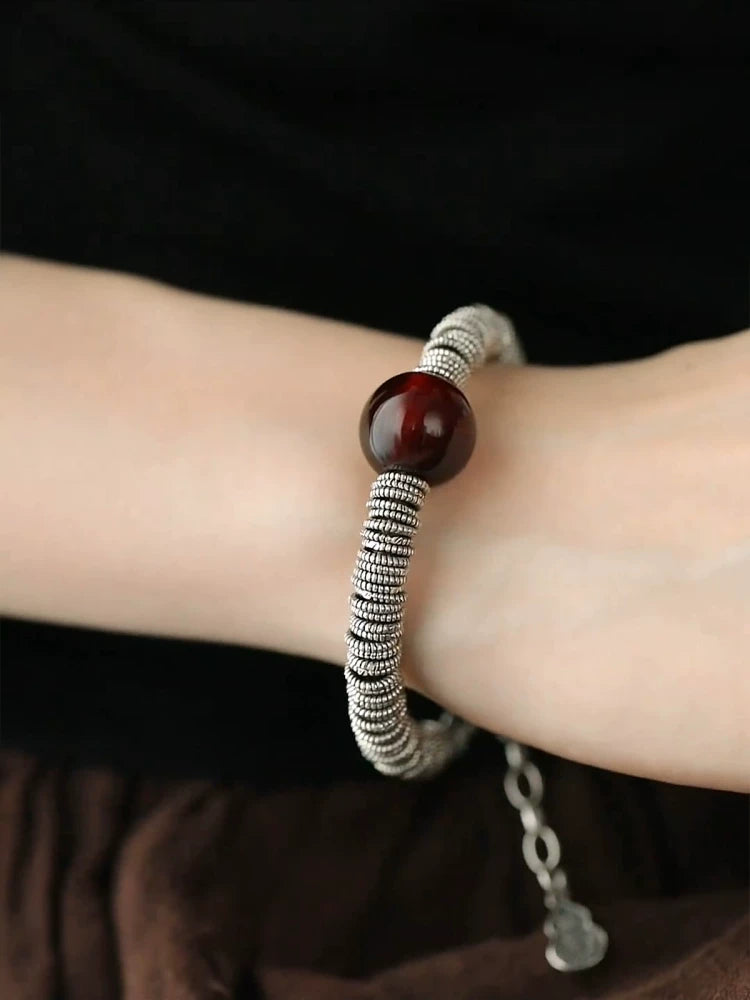 925 silver blood amber hoop bracelet women's ethnic style retro distressed six-character mantra niche design high-end sense bracelet